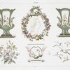 Débuts de fabrication. [Top, L. to R:] Le printemps (Collection de M. le baron G. de Rothschild); Portrait de Louis XV: sur une plaque rectangulaire à fond blanc (Collection de M. Ch. Stein);  L'automne (Collection de M. le baron G. de Rothschild); [bottom, L. to R:] Fac-similé de fleurs: Exécutés par les peintres en émail. (Sur une assiette de la collection de M.L. Watelin); Sucrier (Collection de M.L. Watelin).- 1753; Plaque d'échantillon (Collection de M. Alfred André).