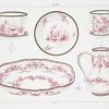 Décors en camaïeu: Petit sucrier (Collection de M. Paul Gasnault).- 1754. - Peinture de Carrier; Tasse obconique et sa soucoupe (Collection de M. Paul Gasnault). -1754. - Peinture de Moiron; Petit pot a l'eau et sa cuvette (Collection de M.L. Watelin). - 1757. - Fleurs par Tandart.