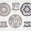 Tasses et soucoupes (frome dite carrée). Collection de M. Louis Watelin. - 1753. - Fleurs par Huny. - Dorure de Chauveau aîné; Collection de M. Louis Watelin. - 1781. - Fleurs par Niquet. Dorure de Vincent [bottom, centre]; Collection de M. Louis Watelin. - 1766. - Fleurs par Catrice (?) [bottom, right].