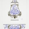Fontaine d'applique et sa cuvette: Décor en camaïeu bleu; chairs dites saumonnées (Collection de M. Barre). (La fontaine est datée de 1755. - La cuvette painte par Rosset et dorée par Prévost est une pièce de réassortiment décorée en 1785.)