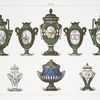 Garniture de cinq vases. Cartels d'après Huet. (Collection de M. le baron Adolphe de Rothschild); Vase a gaine (South Kensington Museum).- Ancient collection Jones; Collection e S.M. la Rein d'Angleterre. Buckingham-Palace; Vase a gaine (Collection de M. Audéoud).