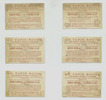 Trade cards depicting men : holding a duck, playing with puppets, with a parasol and cane, playing a brass instrument, on a horse replica and holding a sign.