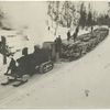 Steam driven tractor sled carrying logs.