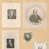 A sheet with seven portraits of John Quincy Adams.