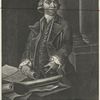 Mr. Samuel Adams, three-quarter length, standing near a table, upon which rests an opeen book and documents entitled 'Charter Will & Mary to Massachusetts Bay,' etc. ; the right hand resting on the book, holding a document entitled 'Instructions from ye Town of Boston' ; the left hand pointing to the documents on the table ; pillars in the right distance.