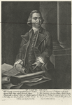 Mr. Samuel Adams, three-quarter length, standing near a table, upon which rests an opeen book and documents entitled 'Charter Will & Mary to Massachusetts Bay,' etc. ; the right hand resting on the book, holding a document entitled 'Instructions from ye Town of Boston' ; the left hand pointing to the documents on the table ; pillars in the right distance.