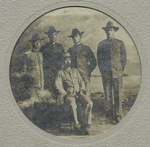 Group of men who captured Aguinaldo, at Palanan, 23. Mch. 1901.  Beginning at the left : 1st Lieut. Mitchell of Kansas, 2nd Capt. Hazzard, 3rd Capt. Harry W. Newton of Wis., 4th Lieut. Hazzard and 5th Gen. Fred. W. Funston seated