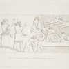 Embarcation of chariot and warriors preparing to cross a river.