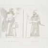 Winged figure holding a branch;  A king in his robes.
