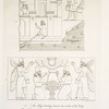 A. Two kings kneeling beneath the emblem of the deity ; B. A castle on the banks of a river.