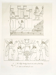 A. Two kings kneeling beneath the emblem of the deity ; B. A castle on the banks of a river.