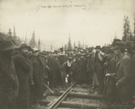 Driving the golden spike, by Hon. D. A. Smith, on C.P.R., Nov. 7, 1885, 9:30 am.