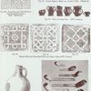 Fig. 49. Set of encaustic tiles restored from fragments found at Hull. (Mediaeval); Fig. 50-52. Hispano-Moresque enamelled tiles from Meaux Abbey (12th century); Fig. 53. Costrel, pilgrim's bottle, etc., found in Hull. (Mediaeval); Fig. 54. Bellarmin jug or greybeard; Fig. 55.  Tygs or loving cups (12th century); Fig. 56. Tobacco pipes found in Hull (17th century). (Illustraions to the T. Sheppard's article.)