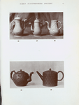 34. Red earthenware teapot, with applied floral design. Probably Twyford. H. 6"; 35. Red earthenware coffee pot with applied ornament in relief, spout in shape of bird's head. Late 17th century. Elers; 36. Red earthenware cylindrical teapot, engine turned. Wedgwood. H. 6-1/2"; 37. Red earthenware coffee pot, applied floral design, lid missing. Probably Twyford.
