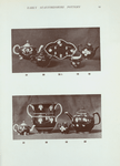 18. Model of bull's head in red coarse earthenware with cream coloured horns. Used as a whistle. Staffordshire 18th century. H. 6-1/2"; 29. Teapot, Astbury, clouded brown glazes. H. 3-1/2"; 30. Double handled loving cup, in red earthenware, applied ornamentation of leaves in two series surrounding side, glazed brown with cream handles and decorations. Astbury, early 18th century. H. 8"; 31. Small earthenware teapot, with birds and squirrels stamped on and coloureed, lion mask, and claw feet, metal lid. Astbury. Late 17th or early 18th century. H. 3"; 32. Toy teapot with applied ornament, in white glaze. Astbury. Early 18th century. Diam. 6-1/2" x 4"; 33A. Shaped earthenware sweet meat dish, covered with marbled glaze, ornaments in relief in white glaze. Astbury. Early 18th century. Diam. 6-1/2" x 4".