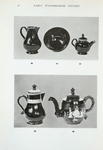 19. Small brown glaze bowl, Astbury; 20. Cream jug, plain except for yellow rim. Astbury. H. 4-1/4"; 21. Small teapot, Astbury, brown glaze, plain with yellow line round rim. H. 3-1/2"; 22. Astbury cream jug with lid, two broad bands, cream decorations. H. 5-1/4"; 26. Astbury teapot, barrel shape, with Royal Arms applied both sides. H. 5".