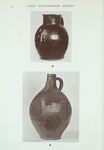 33. Bellarmine jug or greybeard, on the neck of jug is face of the Cardinal after whom they were named, with two coats of arms and seals. First half of 17th century. H. 16"; 39. Large brown glazed jug, Slip decoration (Astbury school), marked G*B 1766. H. 13".