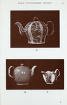 90. Saltglaze cabbage leaf pattern teapot. Littler of Longton Hall. H. 5-1/2"; 99. Saltglaze cabbage leaf pattern cream jug. Littler of Longton Hall. H. 3"; 100. Saltglaze teapot, deep blue enamel. Littler of Longton Hall. H. 4".