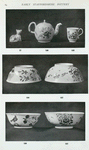 77. Saltglaze Agate ware cat. H. 2-1/2"; 104. Saltglaze bowl, in white, decorated with birds, etc., in enamelled colouts. H. 2-1/2", Diam. 7"; 106. Saltglaze teapot: roses, etc., in enamelled colours on white ground, Staffordshire 18th century. H. 4"; 107. Saltglaze bowl in white, decorated with  butterflies and flowers in enamelled colours, Staffordshire 18th century. H. 3", Diam. 7-1/2"; 108. Saltglaze cup, white, with flowers in enamel colours. H. 2-3/4".