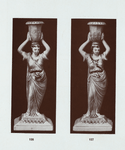 126-127. Pair of candlesticks, probably by Ralph Wood: female figures, on square base, decorated in two colours, in translucent glaze. H. 10".