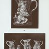 197. Similar "Voyez" jug to No. 199 (but sponged colouring); 198. Large "Voyez" jug by Astbury. Stamped "Astbury" beneath; marked "R M A" in front. H. 9-3/4"; 199. "Voyez" jug in the form of a bole of a tree on one side of which is a figure of a huntsman drinking; with the words "A Bumper A Bumper." On the other a man presenting a nest of bird's eggs to a woman with the words, "Fair Hebe." Glazed green, blue, white and brown; handle in form of a branch. Signed "Voyez"; dated 1788, on trunk of tree. H. 8-1/2"; 206. Small jug of "Voyez" pattern in enamelled colours, only boy and girl moulded, painted flowers inside rim; "No. 10" impressed beneath. H. 4-1/2".