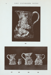 197. Similar "Voyez" jug to No. 199 (but sponged colouring); 198. Large "Voyez" jug by Astbury. Stamped "Astbury" beneath; marked "R M A" in front. H. 9-3/4"; 199. "Voyez" jug in the form of a bole of a tree on one side of which is a figure of a huntsman drinking; with the words "A Bumper A Bumper." On the other a man presenting a nest of bird's eggs to a woman with the words, "Fair Hebe." Glazed green, blue, white and brown; handle in form of a branch. Signed "Voyez"; dated 1788, on trunk of tree. H. 8-1/2"; 206. Small jug of "Voyez" pattern in enamelled colours, only boy and girl moulded, painted flowers inside rim; "No. 10" impressed beneath. H. 4-1/2".