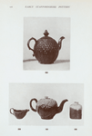180. Whieldon or Wedgwood teapoy, cauliflower ware; 181. Whieldon or Wedgwood teapot in moulding and glazes to imitate a cauliflower; 200. Small green glazed cream jug; 263. Whieldon "Pineapple" teapot, glazes and moulding imitating natural colours of the fruit.