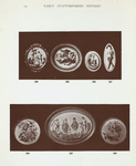 387. Oval placque with figures in relief of Œnone and Cupid, and in centre Charles I. and Oliver Cromwell, etc., in red, blue, green and black glazes on white ground, yellow and black border. 14" x 10-1/4"; 388. Oval placque with representation of Venus, cupids and doves, enamelled in yellow, purple, orange and black; border in green, black and salmon bands. H. 9-1/4", W. 8-1/2"; 389. Oval placque, pierced border; foliage and birds, subject Paris and Œnone. Inscribed on the back in script, "Charlotte Machin, Burslem, Oct. 27th, 1819." Diam. 8-1/2" x 7"; 390. Oval placque. Subject: Œnone; border in relief; 391. Narrow oval placque. The lover; 393, 394. Pair of circular placques with painted flowers on white ground, black edges. Diam. 7".