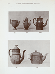 348. Basalt teapot, moulded, elaborately decorated with classical scenes, etc., in relief. H. 8"; 350. Basalt coffee pot; on lid figure of girl. H. 8-1/2"; 350A. Basalt urn teapot, chequer pattern. H. 7"; 350B. Basalt teapot, decorated with female figure with garland and woman mourning, in relief; swan on lid. H. 10"; 351. Basalt teapot with altar scene on one side and scene of "plenty" on the other in relief; on sliding lid woman mourning. H. 5-1/2".