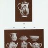 170. Teapoy, raised ornamentation of trees, etc., on cream ground, coloured glazes. Wedgwood. H. 4-1/2"; 171. Teapot, raised fruit on cream ground, with raised diaper and basket pattern. Wedgwood. H. 4"; 172. Cream jug, raised fruit and diaper and basket pattern. H. 4-1/2"; 173. Teapot, raised ornamentation of fruit, flowers, etc., in pale tints, on cream ground. Wedgwood. Duplicate of 171. H. 4"; 174. Sugar basin, raised fruit and diaper and basket pattern. Wedgwood. Diam. 5-1/2"; 208. Leeds. Teapot, decorated with coloured flowers on cream ground. H. 4-1/2"; 268. Whieldon cream jug with lid, basket pattern, with raised ferns and flowers in panels, coloured glazes. H. 5-1/2"; 293. Bunch of grapes in two parts; coloured glazes. L. 5".