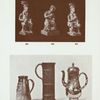 33B. Stoneware cylindrical beaker. (Illustrated also on page 24). H. 11"; 690. Brown glazed jug, tapering slightly to top, decorated with figures and garland in relief; glazed light stone colour, with brown rim. H. 6"; 691. Solid brown stoneware figure of Highlander in kit and bonnet; seated with flask in left hand. H. 9-1/4"; 692. Solid brown earthenware figure of old woman seated, probably by James Sandy (Bristol). Marked "J S 1847." H. 7-1/4"; 693. Similar figure to No. 691. H. 9-1/4"; 694. Coffee pot and cover, brown glazed earthenware with steely lustre with applied sprays. H. 9".