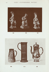 33B. Stoneware cylindrical beaker. (Illustrated also on page 24). H. 11"; 690. Brown glazed jug, tapering slightly to top, decorated with figures and garland in relief; glazed light stone colour, with brown rim. H. 6"; 691. Solid brown stoneware figure of Highlander in kit and bonnet; seated with flask in left hand. H. 9-1/4"; 692. Solid brown earthenware figure of old woman seated, probably by James Sandy (Bristol). Marked "J S 1847." H. 7-1/4"; 693. Similar figure to No. 691. H. 9-1/4"; 694. Coffee pot and cover, brown glazed earthenware with steely lustre with applied sprays. H. 9".