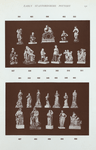 178. Illustrated elsewhere; 462. Figure of woman, cobbler's wife, seated holding pitcher in her right hand and cup in left. Impressed "NELL." H. 6-1/4"; 463. Figure of cobbler, seated , holding shoe on his knee, hammer on the ground beside him. H.6-1/4"; 487. Figure of woman, Charity; child on each side and on left arm; on square base. H. 9-1/2"; 488. Group representing Roman Charity, woman providing water to man chained to rock, H. 8"; 489. Figure of woman, Hope; anchor at her left side. H. 9-1/2"; 490-493. Set of four figures, spotted decoration, sponged bases. H. 8-1/2"; 494. Figure Esculapius, on white square base, "Esculapius." H. 8-1/2"; 495. The widow and cruse of oil; 511. Group. The Scuffle: boy struggling with two girls, a hat full of fruit. Pair to 515. H. 6"; 515. Group. The Scuffle: boy with a bird's nest in hat; two girls attempting to take it from him. Pair to 511. H. 6"; 529. Group. Mary holding the body of Christ after the crucifixion; yellow mottled plinth, lettered on front, "N.St.Da Piedade." H. 8-1/2"; 543. Group. Woman holding a basket of fruit in left hand, to which a boy by her side is reaching. H. 6-3/4";  548. Female figure holding flowers in yellow cloak, spotted dress, on circular stand on square base. H. 6-1/2"; 549. Male figure in yellow cloak, green breeches, holding bird. H. 6-1/2"; 552. Female figure holding bird in right hand. H.7"; 553. Figure of man with lute; on irregular coloured base. H. 8-1/2"; 557. Group. Woman in dress holding a child riding a Newfoundland dog. H. 7-1/2".