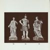 422. Woman representing Fortitude, draped in purple and blue mantle and reddish under-garment; on square black marbled base. Wedgwood. H. 24"; 424. Figure of Mars in costume of Roman emperor, dressed in coat of mail and short toga; left arm on hilt of sword; right hand holding a mantle; a cockerel near his right foot; on square black marbled base. Wedgwood. H. 26"; 426. "Prudence." Female figure holding a snake in right hand; on square black marbled base. Wedgwood. H. 24".