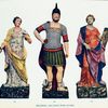 Wedgwood and Enoch Wood figures. (422. Woman representing Fortitude, draped in purple and blue mantle and reddish under-garment; on square black marbled base. Wedgwood. H. 24"; 424. Figure of Mars in costume of Roman emperor, dressed in coat of mail and short toga; left arm on hilt of sword; right hand holding a mantle; a cockerel near his right foot; on square black marbled base. Wedgwood. H. 26"; 426. "Prudence." Female figure holding a snake in right hand; on square black marbled base. Wedgwood. H. 24".)