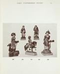 572. Figure of old man with stick and crutch; on square base, lettered "Age" on front. Ralph Wood model. H. 7-1/2"; 574. Figure of old woman with basket and stick; on square base lettered "Age" on front; Ralph Wood model. H. 7-1/2"; 576. Figure of General standing with left arm resting on a cannon; on square base. Probably Napoleon, who was originally an artillery officer. H. 12"; 577. Figure of General on horseback; on moulded base. H. 9-1/4/"; 578. Cruet stand in the form of a General standing with left arm resting on a cannon. Probably Napoleon. H. 11".