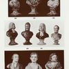 295. Bust of Admiral Lord Duncan; coloured glazes; Herculaneum. H. 9"; 296. Bust of Newton and impressed "Newton"; enamelled; marbled pedestal green and lake. H. 9"; 297. Bust of Handel; blue, white, brown and blue glazes; on pedestal with floral decoration in front. Probably by Ralph Wood. H. 9"; 298. Small bust of Lord Clive, in coloured glazes (to right of 302). H. 5-3/4"; 300. Bust of Alexander. Inscribed behind "Alexandr Det 35, Moscow Burnt, Europe preserved, 1812. Wood & Caldwell, Burslem." H. 11-1/2; 301. Bust of Shakespeare; glazed in natural colours supported on ornamental pedestal, square base. H. 17-1/4"; 302. Bust of John Wesley, inscribed behind, "The Rev. John Wesley, M.A., aged 88." H. 11"; 302A. Similar bust (left hand figure on same block); 303, 299. Pair of busts of Hercules and Neptune, one with a lion's skin with paw and head over his shoulders; the other with a fish over his shoulders; on ornamental pedetals decorated with red glaze and silver lustre. H. 14-1/4".
