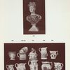 355. Nelson. Berry jug in relief. H. 5"; 356. Whieldon jug, with deep glazes, and men in relief, smoking, etc., on each side. H. 8"; 358. Illustrated elsewhere. H. 5"; 505. Tobacco jar; bear-baiting scene in relief on lid; figures of topers in relief at sides; lion-head knobs and end. H. 7-1/2"; 682. Satyr mask jug. H. 5";  683. Wellington-Hill jug, figures in relief. H. 5"; 685. Jug with representation of hunting scene; huntsman, horses and gods in lilac lustre and light bronze. H. 6"; 687. Jug. "The Farmer's Arms" printed on front. H. 6-1/2"; 698. Semi-circular flower holder in shape of woman's face; 699. Frog mug, royal arms, dog, snake and lion in relief, brown; lettered "WH." H. 4"; Jug. "Success to the Volunteers" printed on front. Napoleonic period. H. 5-1/2"; 705. Mug with spotted hunting dogs in relief on sides, and conventional floral design on the front, and broad bands of lilac lustre and blue. H. 4-12/"; 736. Bust of Queen Charlotte (wife of King George IV.) H. 17-1/2".