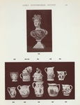 355. Nelson. Berry jug in relief. H. 5"; 356. Whieldon jug, with deep glazes, and men in relief, smoking, etc., on each side. H. 8"; 358. Illustrated elsewhere. H. 5"; 505. Tobacco jar; bear-baiting scene in relief on lid; figures of topers in relief at sides; lion-head knobs and end. H. 7-1/2"; 682. Satyr mask jug. H. 5";  683. Wellington-Hill jug, figures in relief. H. 5"; 685. Jug with representation of hunting scene; huntsman, horses and gods in lilac lustre and light bronze. H. 6"; 687. Jug. "The Farmer's Arms" printed on front. H. 6-1/2"; 698. Semi-circular flower holder in shape of woman's face; 699. Frog mug, royal arms, dog, snake and lion in relief, brown; lettered "WH." H. 4"; Jug. "Success to the Volunteers" printed on front. Napoleonic period. H. 5-1/2"; 705. Mug with spotted hunting dogs in relief on sides, and conventional floral design on the front, and broad bands of lilac lustre and blue. H. 4-12/"; 736. Bust of Queen Charlotte (wife of King George IV.) H. 17-1/2".