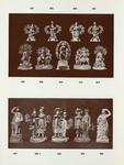 546. Figure of woman. H. 7"; 547. Figure of man, basket in left hand. H. 7"; 554. Same group as 559, but softer glaze. H. 7"; 559,559A. Pair. In Georgian costumes; man, chocolate-coloured coat, basket in left hand, lady on right arm. 559A. Lady on  left arm. H. 7"; 595. Figure of man playing bagpipes, with dog by his side; green coat; tree background. H. 7-1/4"; 597. Man playing flute; tree background; 602. Figure of man playing bagpipes; dog by his side; wearing a cap with feathers and lemon-coloured breeches with frills; tree background; on ornamental base (to match 604). H. 7-1/4"; 604. Figue of woman playing a lute; lamb by her right side; tree background; on ornamental base (to match 602). H. 7-1/2"; 614. Figure of lady reading, seated with cat by her side, on irregular rocky base; tree background. (Pair to 622.) H. 6-3/4"; 615. Group. The Flight into Egypt. Joseph, with Mary and the Infant Jesus in her arms, seated upon a brown ass; tree background. Lettered on front, "Flight to Egypt," on back, "Walton" on white scroll. H. 7-3/4"; 618. Figure of Elijah and the raven in an arch of flowers, etc. H. 7-3/4"; 620. Group. The Return from Egypt. Joseph, with Mary and the Infant Jesus in her arms, seated upon a grey ass; tree background. Lettered on front, "Return from Egypt," on back, "Walton." H. 7-3/4". 622. Figure of gentleman reading, seated on rocky seat, with dog by his side; on irregular rocky base; tree background. Pair to 614. H. 8-3/4".