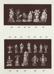 509. Figure of woman with two children. H. 10"; 553. Man with guitar. H. 8"; 556. Boy, melon at his feet, plant under left arm. H. 7"; 557. Woman and child with spotted dog. H. 7"; 558. Figure of man with scythe; tree background; on irregular base. H. 6"; 560. Boy scating. H. 7"; 561. Man with sheep over his shoulder (The Lost Sheep). H. 8"; 583. Boy holding bird's nest, tree background. H. 7"; 592. Boy holding plant in left hand. H. 6"; 601. Figure of woman with broom; tree background; pair to 608. H. 8-1/2"; 606. Figure of lady archer, in yellow dress with black spots and white skirt, standing against tree background; yellow target at her right, hunting bow in left, arrows in right hand; on irregular base, with red scroll. H. 7-3/4"; 608. Figure of man with scythe, pair to 601. H. 8-1/2"; 625. Figure of St. Paul, with sword and bible, seated on tree stump; oval green base, lettered "St. Paul"; tree background. H. 10-1/4"; 626. Figure of St. Peter, praying with keys, cock and open book; lettered "Acts" on ground; on oval green base; lettered "St. Peter"; tree background. H. 10"; 627. Figure of St. Matthew, holding shepherd's crook in one hand and scroll in the other; 628. Figure of Elijah in the wilderness being fed by the ravens. H. 11"; 629. Figure of widow seated with boy at her right side and barrel. Pair to 628. H. 11"; 660. Figure of widow seated with boy at her left side and barrel at her right; holding a bundle of faggots in her hand. Oval base. H. 8".