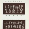 334. Grotesque pipe in form of figure; 501. Figure of greyhound reclining; on green, red and black base. L. 6-12/"; 502. Figure of Neptune, left foot resting on a rock, yellow-headed dolphin by his side; standing on square marbled red base. (To match No. 508); 504,506. Pair of figures, Departure and Return. A sailor and his wife; in the former the sailor is saying "Good-bye", bundle and stick on the ground; in the latter he is being welcomed home by his wife; purse in his hand, lettered "Dollars" on ground; inscribed "Departure" and "Return" respectively; on irregular bases upon oblong, octagonal red plinths. H. 8", and 8-1/2"; 508. Figure of Amphitrite; partly draped; Cupid at left side, green dolphin on right; on square marbled red plinth. (To match No. 502.) H. 7-1/2"; 555. Staffordshire. Marriage group, with parson, clerk and couple; tree background, suspended from which is an oval tablet containing the words, "John Frill and Ann Boke. Aged 21. That is right, says the parson. Amen, says the Clerk"; on rectangular green base. H. 5-1/2"; 573. Figure of boy with tree background; 583,664,667,685. Illustrated elsewhere; 586, 588. Pair of Sheep. Walton; 589. Figure of woman carrying a basket of fruit. Pair to 591. H. 5-1/2"; 591. Figure of man carrying a basket of fruit in front of him. H. 5-1/2"; 593. Figure of child; 596. Figure of Cupid holding a basket of flowers in right arm, on irregular base; tree background. H. 4-1/2"; 600. Figure of Cupid carrying a basket of flowers; tree background. H 4-3/4"; 603. Figure of boy blowing horn; 635,637. Pair of figures, The Students. A man in blue coat, and a lady in red dress, both reading, seated. H. 6-1/2"; 655,657. Pair of figures of cock and hen on decorated circular base. H. 7"; 656. Model of castle; 656A. Model of typical Georgian House, with white front, yellow roof and red chimney; two birds on the roof. H.8".