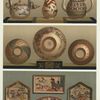 Teapot, H. 6 in. (Sir Frederick Leighton); Small vase, H. 6 in. (James L. Bowes, Esq.); Teapot, 4-1/2 in. (James L. Bowes, Esq.); Teabowl, D. 4-1/2 in. (Joseph Beck, Esq.); Teabowl, D. 5-1/2 in. (James L. Bows. Esq.); Teabowl, D. 4-1/2 in. (Joseph Beck, Esq.); Pair of hexagonal-shaped dishes, D. 8 in. (Joseph Beck, Esq.); Oblong tray, L. 9 in. (Joseph Beck, Esq.); Fan-shaped tray, l. 11-1/2 in. (W.C. Alexander, Esq.).