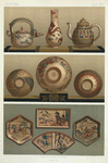 Teapot, H. 6 in. (Sir Frederick Leighton); Small vase, H. 6 in. (James L. Bowes, Esq.); Teapot, 4-1/2 in. (James L. Bowes, Esq.); Teabowl, D. 4-1/2 in. (Joseph Beck, Esq.); Teabowl, D. 5-1/2 in. (James L. Bows. Esq.); Teabowl, D. 4-1/2 in. (Joseph Beck, Esq.); Pair of hexagonal-shaped dishes, D. 8 in. (Joseph Beck, Esq.); Oblong tray, L. 9 in. (Joseph Beck, Esq.); Fan-shaped tray, l. 11-1/2 in. (W.C. Alexander, Esq.).