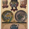 Perfume burner, H. 7-3/4 in. (James L. Bowes, Esq.); Covered jar, H. 4 in. (Joseph Beck, Esq.); Cup (3-7/8 in.), Dish (D. 8-1/2 in.), Tazza (D. 7-1/4 in., H. 6-1/2 in.), Teapot, H. 3-3/4 in. (James L. Bowes, Esq.).