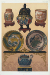 Perfume burner, H. 7-3/4 in. (James L. Bowes, Esq.); Covered jar, H. 4 in. (Joseph Beck, Esq.); Cup (3-7/8 in.), Dish (D. 8-1/2 in.), Tazza (D. 7-1/4 in., H. 6-1/2 in.), Teapot, H. 3-3/4 in. (James L. Bowes, Esq.).