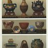 1. Koro (H. 8-1/2 in.), Vase (H. 10 in.), Water pot (H. 6-1/2 in.); 2. Tea bowls (D. 5-1/4 in., 4 in.), Cup (D. 2-5/8 in.) (James L. Bowes, Esq.); Cup (D. 2-3/4 in.) (Ernest Beck, Esq.); 3. Hibatchi (H. 9 in.), Tea bowl (6-7/8 in.), Jar (H. 12 in.) (James L. Bowes, Esq.).