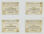 Trade cards depicting a couch, stairs, interior space, a street, men shaking hands, kissing a hand and courtship.