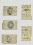 Trade cards depicting a sleigh made from a boot, a boy sitting in a boot, a women being carried on lounge chair made from a shoe, a girl with a flower basket and a girl standing in a road.