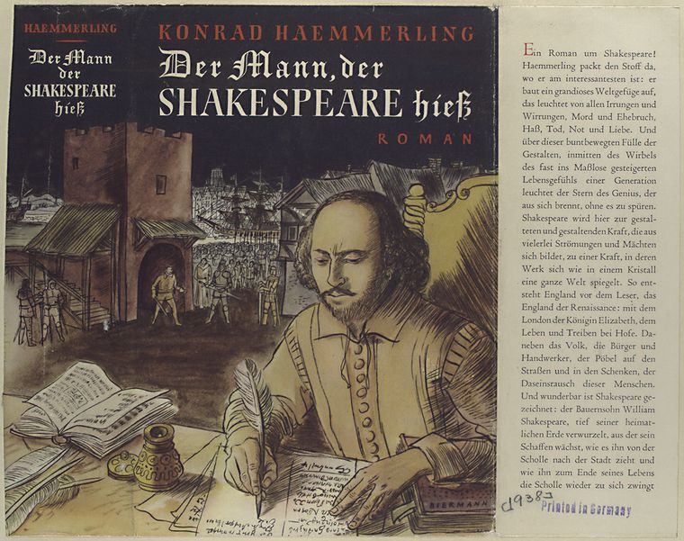 illustration of shakespeare using a quill pen to write